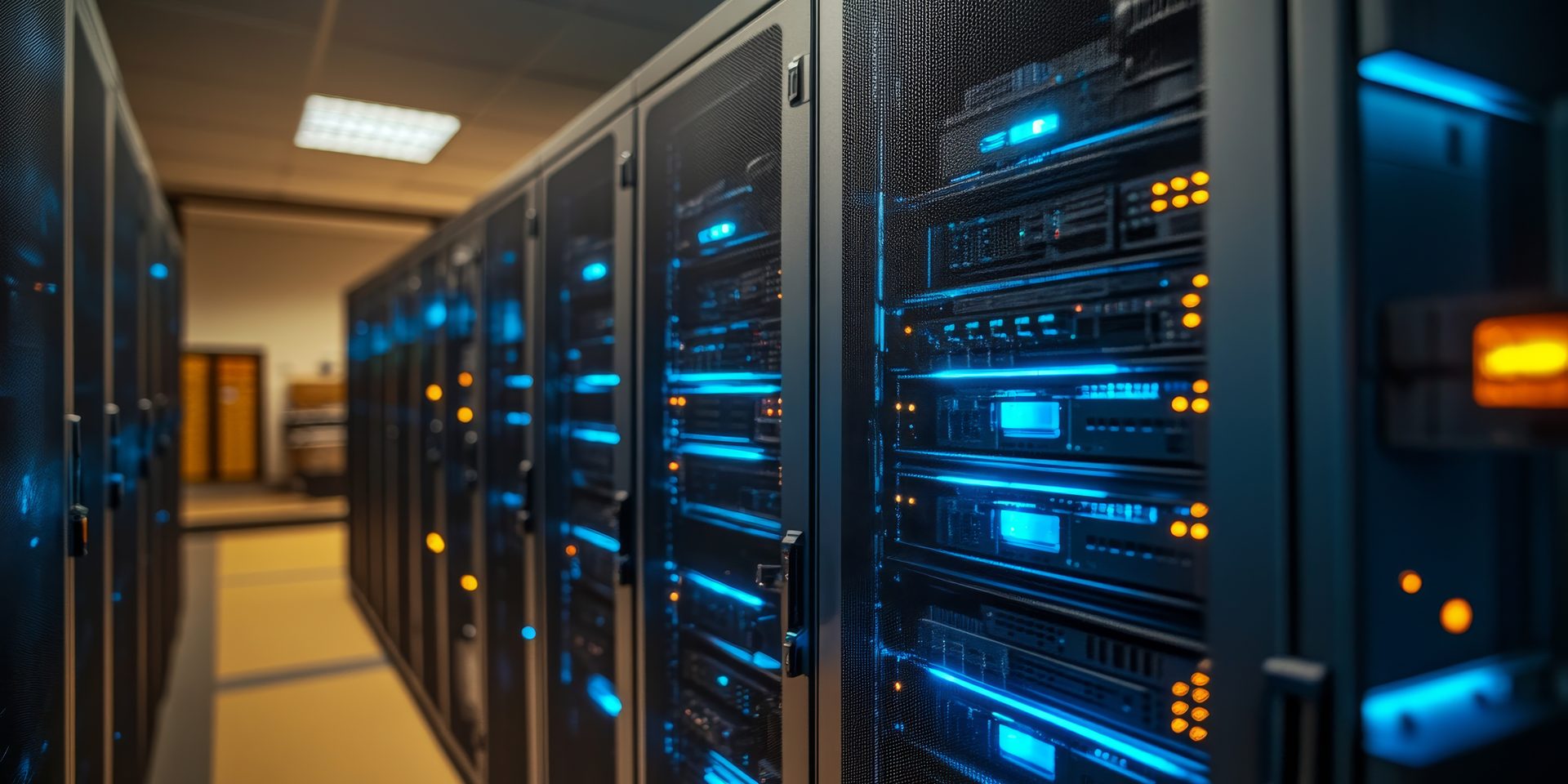 Corredor de data center com racks de servidores iluminados