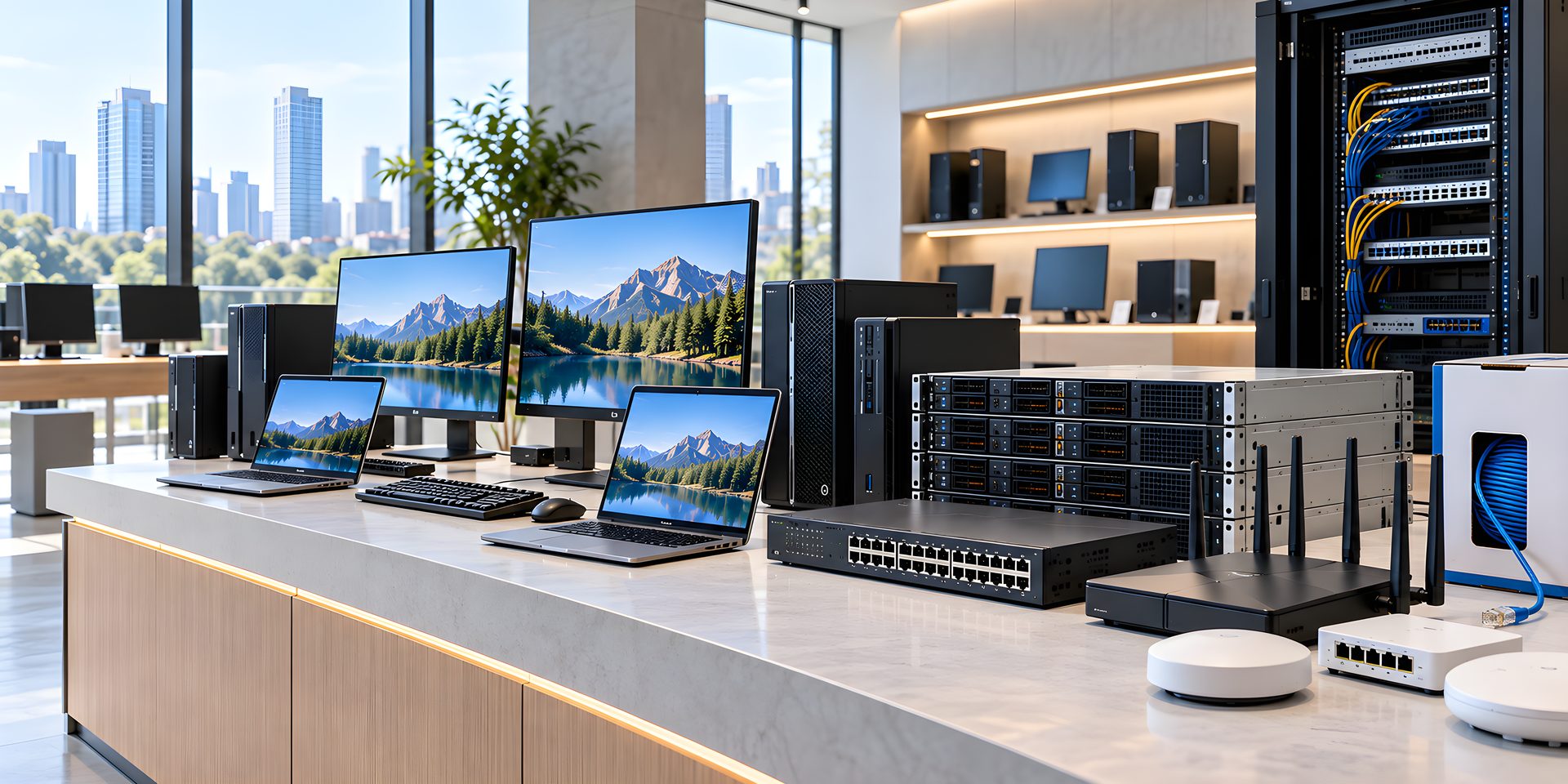 Bancada com notebooks, monitores, desktops, servidores, switch, roteador e rack de rede
